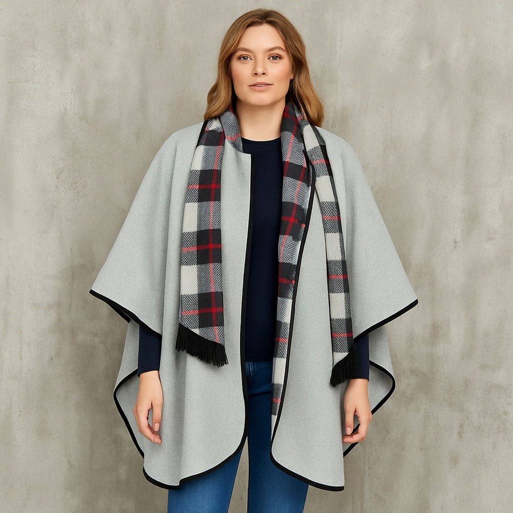 Vintage Wool Blend Cape Cloak Gray Black Trim Plaid Scarf‎ Made in UK One Size